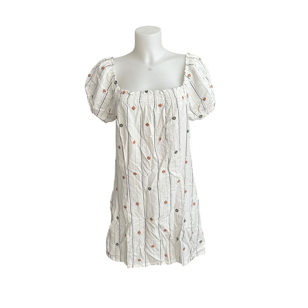O'NEILL Mia White Embroidered Flowers Off Shoulder Linen Mini‎ Dress Large NEW